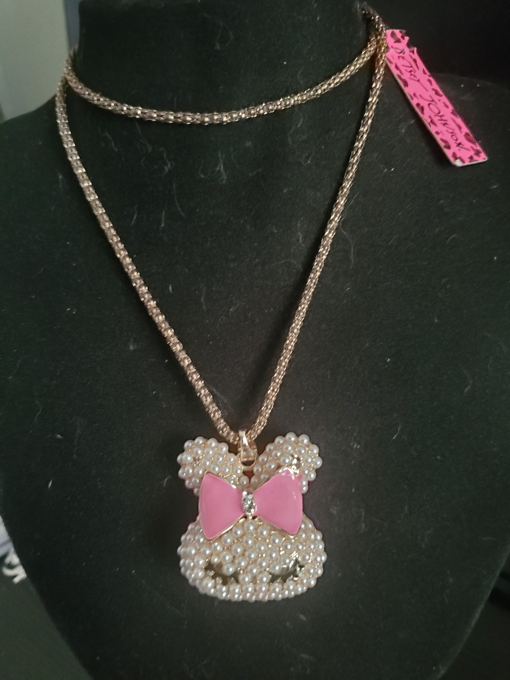 Betsey Johnson Pearl Bunny Pendant Necklace with Pink Bow